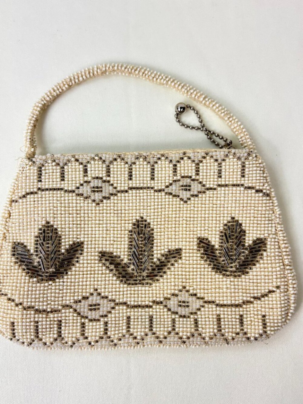 Vintage Light Cream Seed Beaded Evening Purse Art Deco Style Handbag